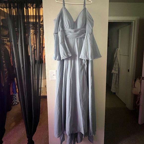 NWT Long Formal Chiffon Gown Dress w SLIT Flutter Sleeves V Neck Cold shoulder - Picture 6 of 7